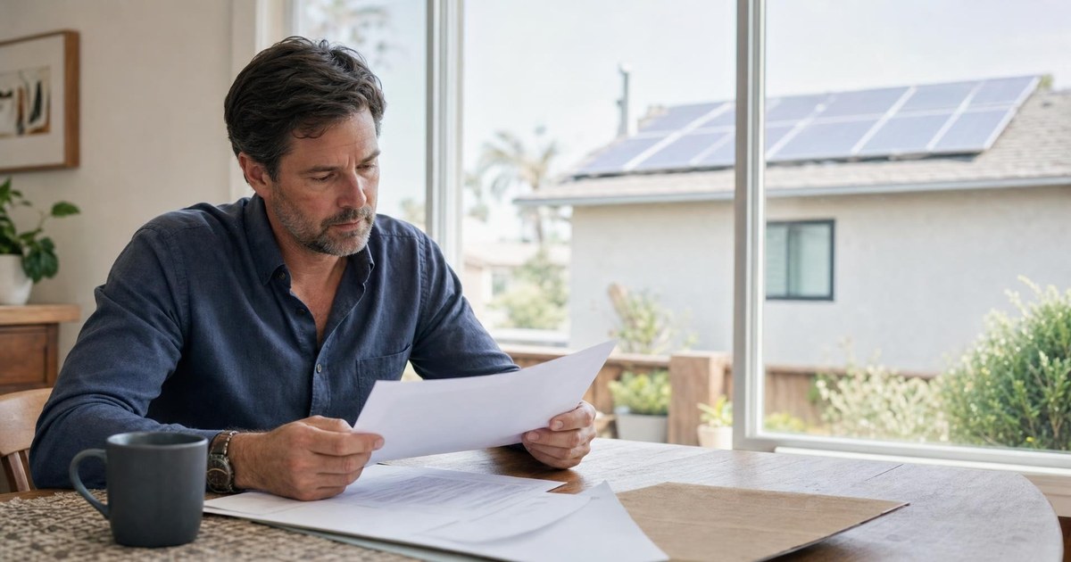 California homeowner reviewing a solar contract and consumer disclosure documents.